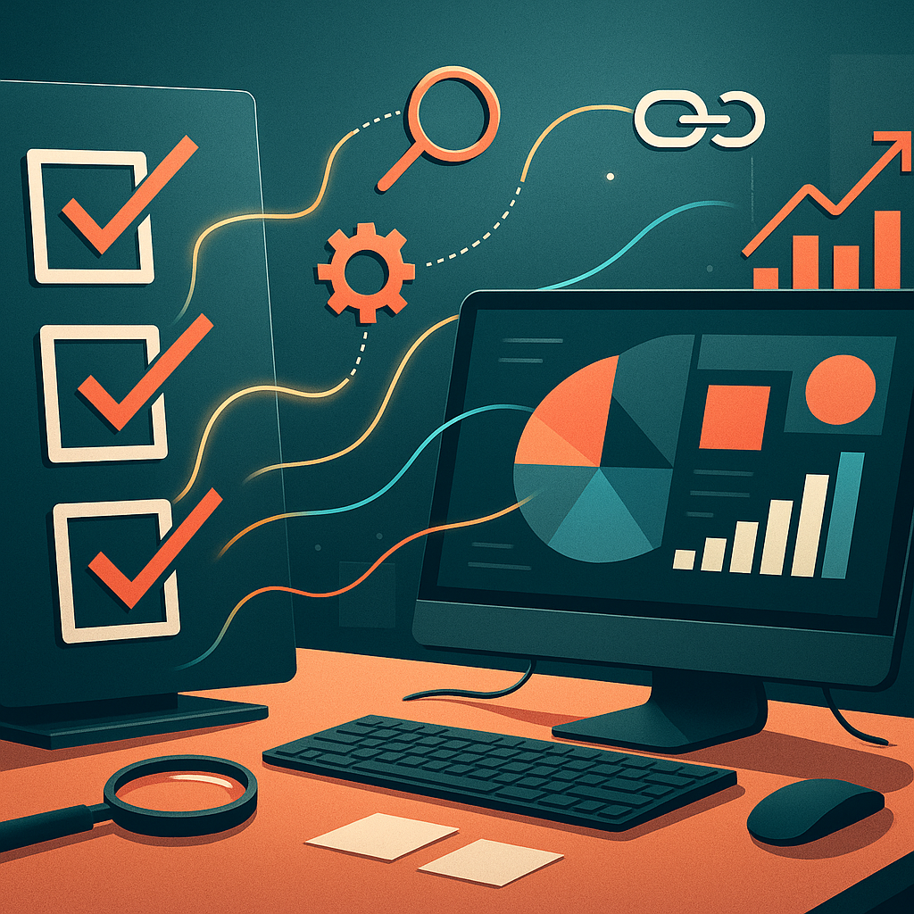 A checklist next to a computer representing SEO action steps.