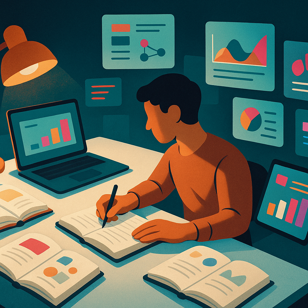 Person writing content surrounded by books and resources